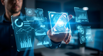 Modern businessman analyzes data on futuristic touch screen interface