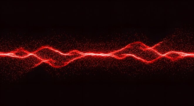 A dark background with a bright red wavy lines of small glowing dots in the middle - Powered by Adobe