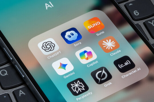 Portland, OR, USA - Oct 11, 2025: Assorted generative AI apps, including ChatGPT, Sora, Suno, Gemini, Copilot, Claude, Perplexity, Grok, and Character.AI, are seen on the screen of an iPhone.
