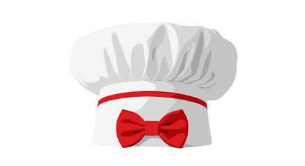 Chef hat realistic render isolated on white. White toque with red ribbon bow. Symbol of cooking, culinary arts, gastronomy. Professional cook, baker, kitchen staff uniform accessory.