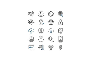 Big data and AI line icon set. Technology concept for artificial intelligence, machine learning, cloud computing. Vector icons for neural network, database, and cybersecurity.