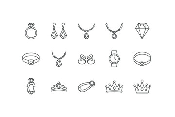 Jewelry accessories vector line icon set. Diamond ring, necklace, earrings, crown, tiara, and watch symbols. Luxury fashion items collection. Precious gem stone.