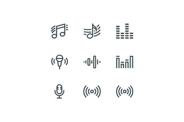 Music and audio line icon set. Sound wave, microphone, voice recorder and equalizer symbols. Podcast and radio audio spectrum pictogram collection for app and web UI/UX.