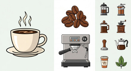 Collection of coffee related items including a cup, beans, maker, and grinder for your cafe designs