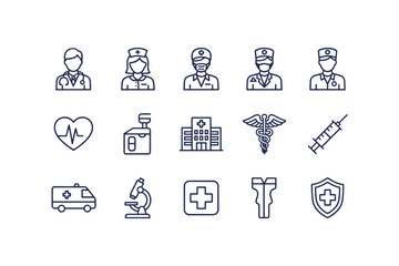 Set of medical and healthcare outline icons. Doctor, nurse, surgeon, hospital, ambulance, caduceus, syringe, heartbeat. Vector symbols for medicine, clinic, emergency, health.