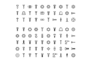 Big line icon set of fasteners and hardware. Screws, bolts, nuts, and nails. Construction, repair, and DIY tools. Industrial equipment symbols. Vector graphic elements.