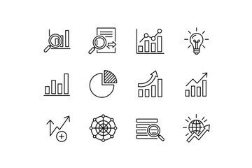 Data analysis icon set for business intelligence and statistics. Thin line vector icons of charts, graphs, research, and strategy. Metaphor for growth, marketing report, and success.