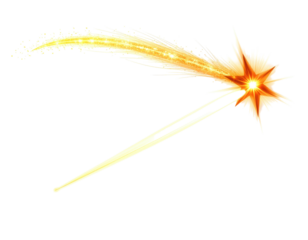 A bright, fiery star bursts with golden light trails across a black background