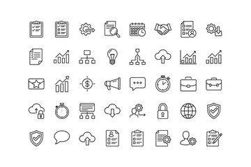 Business management and project strategy thin line icon set. Vector icons for workflow organization, data analysis, financial growth, marketing, security, and web design.