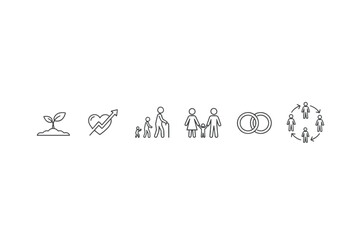 Life cycle stages vector icon set. Growth, love, generations, aging, family, marriage, and community concepts. Pictogram for infographics. Personal development and relationships.