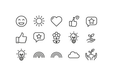 Wellbeing and positive feedback thin line icon set. Happy face, thumbs up, heart, idea lightbulb, growth plant. Editable stroke vector illustration for mental health, UI, UX.