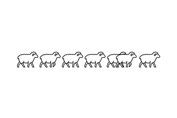 Herd of walking sheep in a line. Concept of conformity, following the leader, and the crowd. Minimalist black and white vector illustration for business or social concepts.