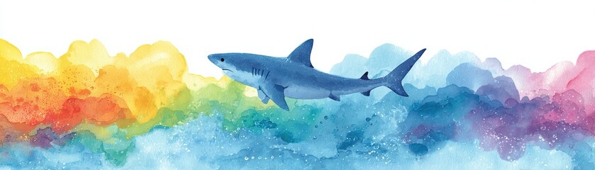 Obraz premium A vibrant watercolor illustration of a shark swimming through colorful waves, showcasing an artistic blend of marine life and abstract colors.