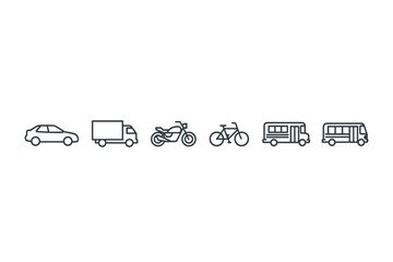 Transport icon set vector line art illustration. Car, truck, motorcycle, bicycle, and bus symbols. Public and private vehicles for web, mobile app, and logistics graphic design.