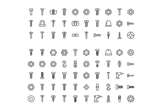 Big line icon set of fasteners and hardware. Screws, bolts, nuts, and nails. Construction, repair, and DIY tools. Industrial equipment symbols. Vector graphic elements.