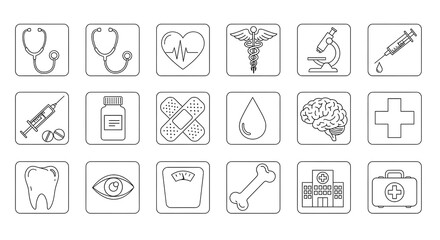 Collection of medical icons and symbols in sketch style