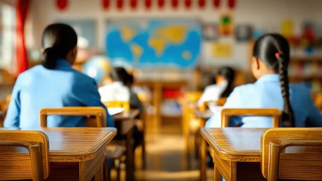Classroom Reflection: A poignant view from the rear of the classroom, where two young scholars sit at their desks, engrossed in their studies. The soft focus emphasizes the atmosphere of learning.