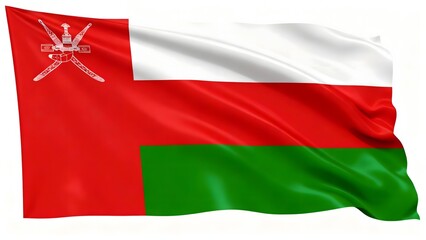 Photorealistic image of the flag of Oman featuring a red vertical stripe with a white emblem of a khanjar and crossed swords. Isolated on a white background, wawing.
