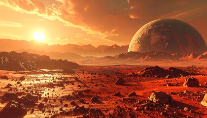 A fiery sunset paints a desolate, rocky alien world with a massive planet in the distance