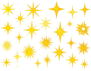A collection of sparkling golden starbursts on a black background