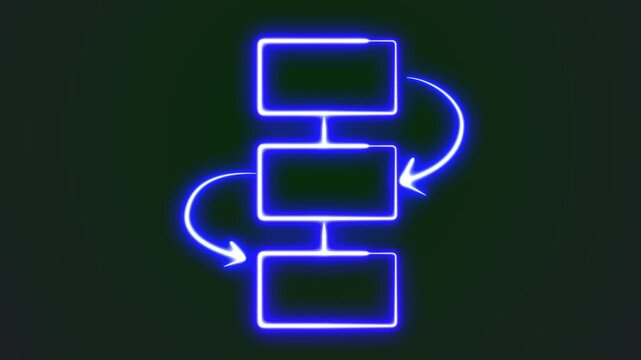 Digital process management and workflow optimization, represented by a bright blue neon flowchart diagram animation