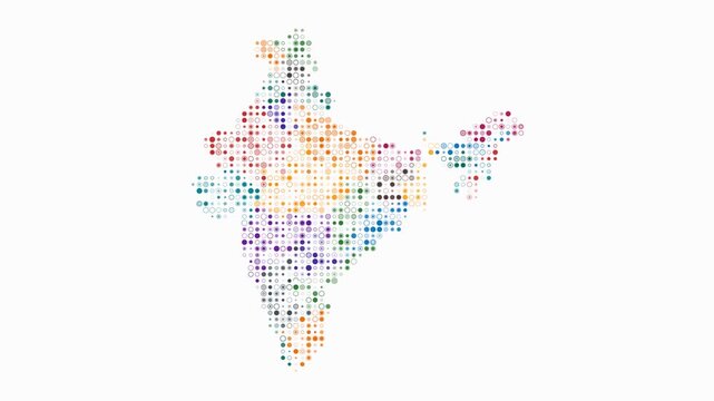India map animation. Shape of the country with pulsating colored dots. Small size circle blocks. Digital style India map on white background. Amazing video.