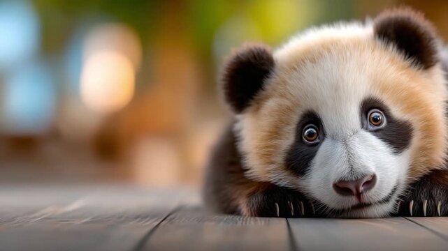 Playful Panda Cub: The image captures a close-up of an adorable panda cub, showcasing its innocent gaze, lying down peacefully on a wooden surface, with a blurred background creating a depth of field.