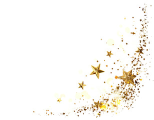 Glittering gold stars and bokeh explode from a dark corner