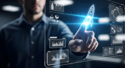 Fototapeta premium Businessman launching startup with touch screen interface and rocket icon