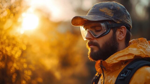 Golden Hour Contemplation: Portrait of a focused person, shielded by glasses and a cap, bathed in the soft glow of the sun, lost in thought against a warm, natural background.