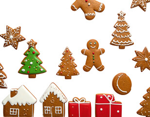 Festive gingerbread cookies in holiday shapes and house designs