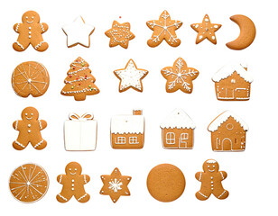 Assortment of festive gingerbread cookies on a black background