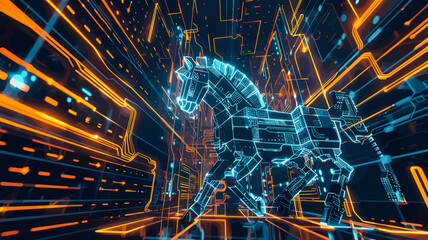 バイナリコードとネオンで描かれた崩壊するトロイの木馬のベクターアート