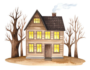 Cozy wooden house with warm glowing windows surrounded by bare trees