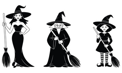 Three witches including a man in black silhouette on white background halloween