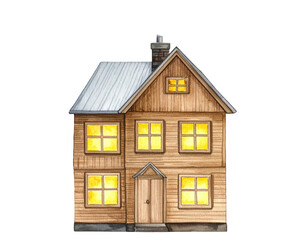 Cozy two-story wooden house with glowing windows on a dark background