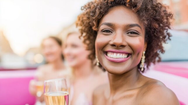 Joyful women enjoy a lavish limousine ride, celebrating with champagne as the sun sets. Laughter and elegance fill the air, creating a memorable experience - Powered by Adobe