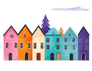Colorful row of watercolor houses and trees under a cloudy sky