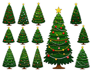 Assortment of decorated evergreen trees with baubles and lights