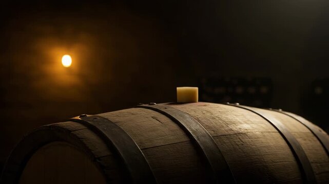 Wine barrel close up in cellar, oak cask detail, winery lighting, vintage wine storage, rustic alcohol production, dark cellar atmosphere, fine wine aging, craftsmanship detail, oak texture, warm glow