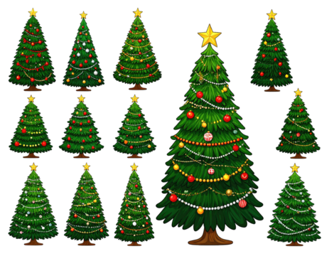 Assortment of decorated evergreen trees with baubles and lights