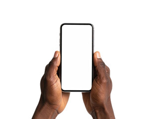 Two dark-skinned hands holding a smartphone with a blank white screen