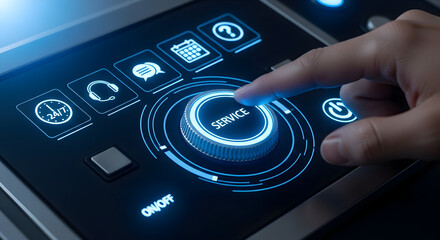 Fototapeta premium Finger pressing service button on futuristic control panel for customer support