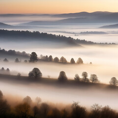 Obraz premium Sunrise over a foggy valley, layers of trees and hills fading into the mist, peaceful scenery.