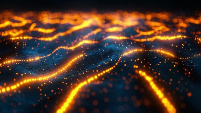 Abstract Data Waves: Glowing orange particles form mesmerizing waves on a dark blue background, symbolizing the complex flow of information and interconnected networks.