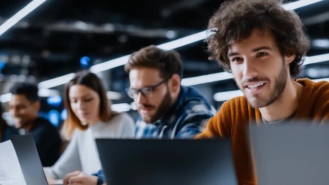 Focus and Innovation in a Modern Workspace: A team of skilled professionals immersed in their tasks, using laptop computers in a contemporary office environment.