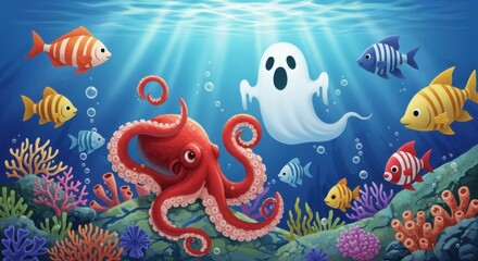 Enchanting Underwater World Teeming with Aquatic Life and a Spooky Ghostly Visitor Exploring the Coral Reefs Beneath the Waves