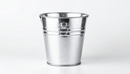 A shiny metallic bucket with a smooth cylindrical shape, embossed lines, and a metal handle, placed against a plain white background