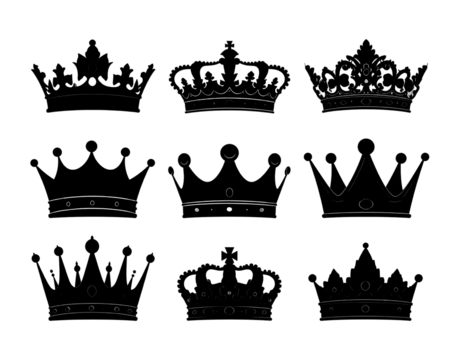 A grid of nine ethereal, delicate, outlined crowns on a dark background