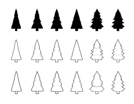 A collection of white pine trees against a black background
